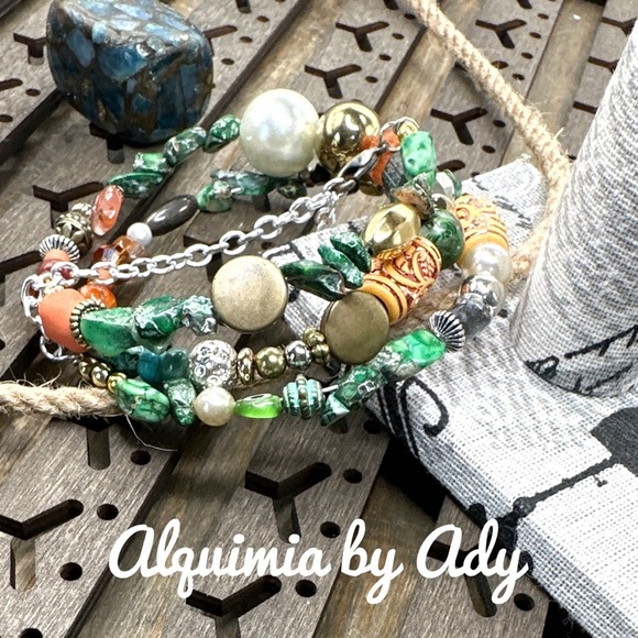 African turquoise beaded bracelet layered wrap around brass bracelet - Picture 1 of 8